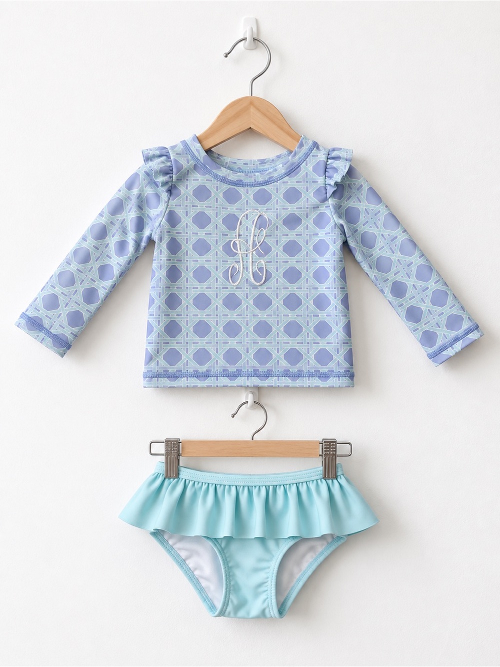 Baby Girls’ Rufflebutts Swimsuit blue 6-12months old rash guard two piece